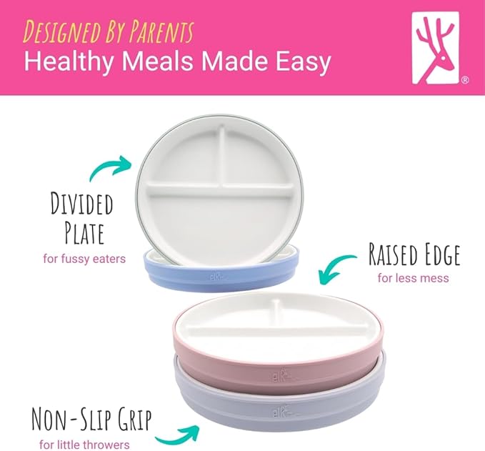 Elk and Friends Kids 7.8” Porcelain White Plates with Silicone Sleeves + Lids | Divided Plates | Suitable for Kids/Toddlers | Microwave & Dishwasher Safe | Non Slip | Snack Dishes…