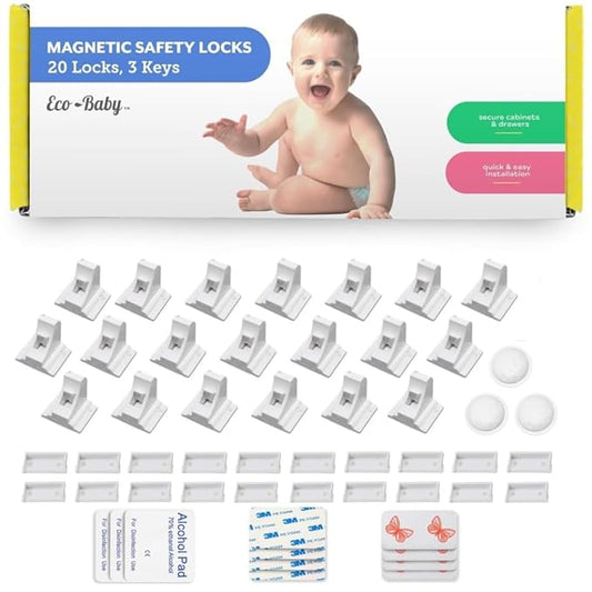 Eco-Baby Magnetic Cabinet Locks for Babies - Keyless, White, 20 Pack and 3 Keys