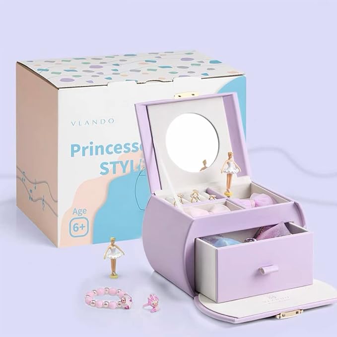 Vlando Musical Jewelry Box with Spinning Ballerina, Lockable Girls’ Jewelry Organizer for Necklaces Rings and Hair Accessories, Gift for Girls and Kids, Purple