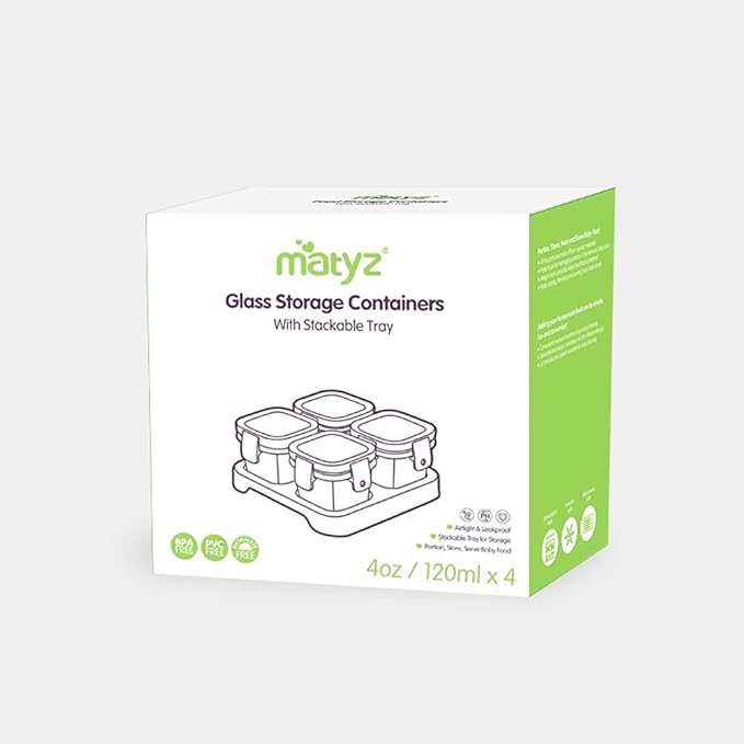 Matyz 4-Pack Glass Baby Food Jars With Lids Airtight Freezer Microwave Oven Safe (Mint Green, 4 OZ Each) - Small Solid Food Storage Containers Baby Stackable Baby Food Containers Glass