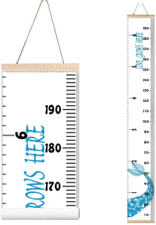 Kids Growth Chart, Wood Frame Fabric Canvas Height Measurement Ruler from Baby to Adult for Child's Room Decoration 7.9 x 79in (7.9 x 79in, Blue Mermaid)