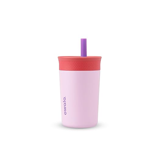 Owala Kids Insulation Stainless Steel Tumbler with Spill Resistant Flexible Straw, Easy to Clean, Kids Water Bottle, Great for Travel, Dishwasher Safe, 12 Oz, Pink and Purple (Lilac Rocket)