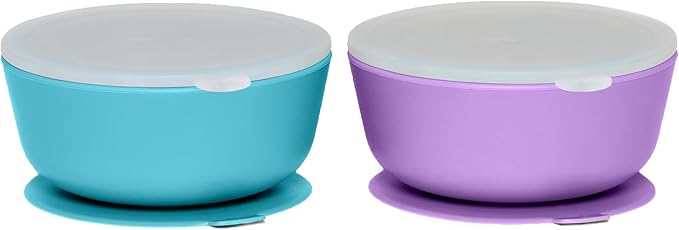 WeeSprout Suction Bowls for Baby & Toddlers (Set of 2) - 100% Silicone w/Plastic Lid - Leak Proof Feeding Supplies - Dishwasher & Microwave Safe Infant Dinnerware w/Extra Strong Base