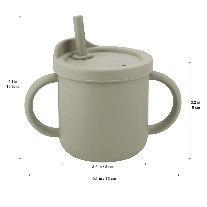 PandaEar 2 Pack Silicone Baby Straw & Snack Cup with 2 Spoons 2 Forks, Dual-Purpose Toddler Training Cups, Light Tan/Walnut