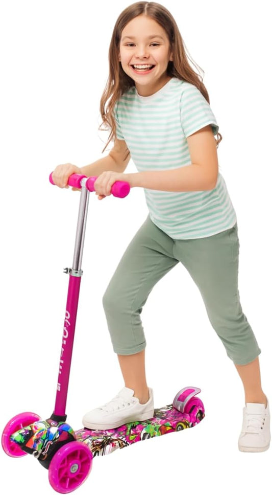 Maxi Scooter for Kids Ages 6-12 Lean-to-Steer 3 Wheel Scooter for Kids Ages 6-12 PU Light-Up Wheels Kids Scooter Adjustable Height Light Weight Aluminum Scooters T-Bar Colorful Design Printed