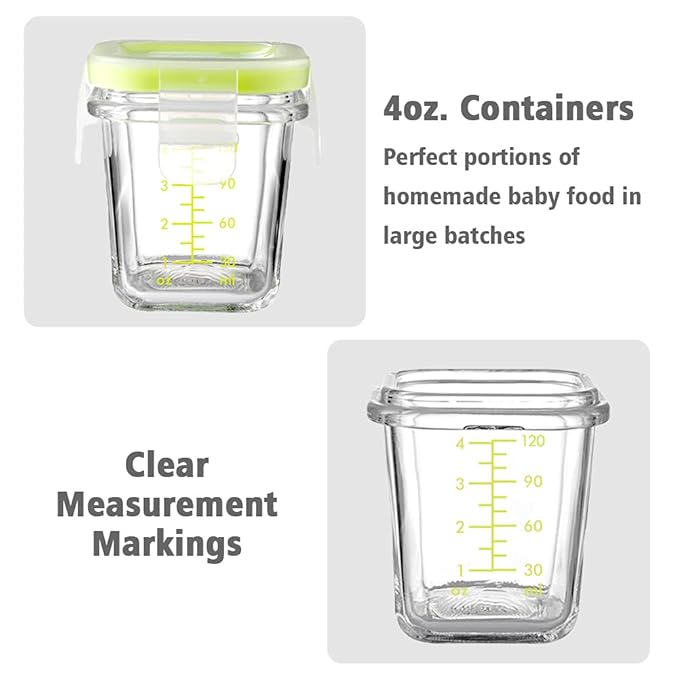 Matyz 4-Pack Glass Baby Food Jars With Lids Airtight Freezer Microwave Oven Safe (Mint Green, 4 OZ Each) - Small Solid Food Storage Containers Baby Stackable Baby Food Containers Glass