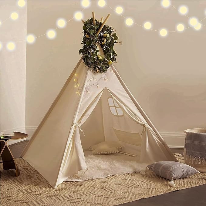 PlayVibe Kids Teepee Canopy - Baby & Toddler Play Shelter with LED Star Lights, Cozy Reading Nook, Party Canvas for Indoor Outdoor Fun - Tent for Kids - Play Tent