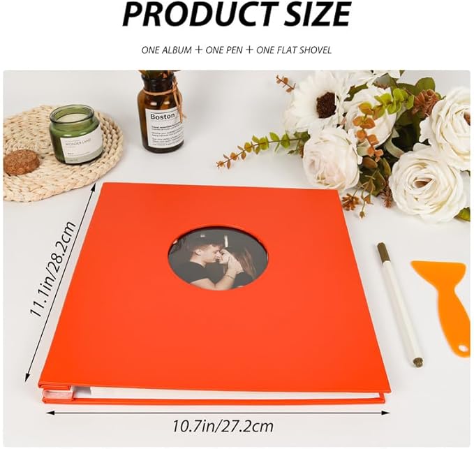 RECUTMS Photo Album Self Adhesive with Round Window 4x6 5x7 6x8 8x10 Magnetic Scrapbook with 40 Pages Leather Cover DIY Photo Album with Metallic Pen and Scraping Plate (Orange)