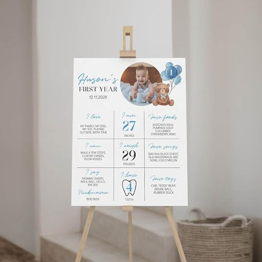 Personalized Beary First Birthday Milestone Poster, Teddy Bear Birthday Milestone Sign, Modern Bear Birthday Stats Board, Design 05