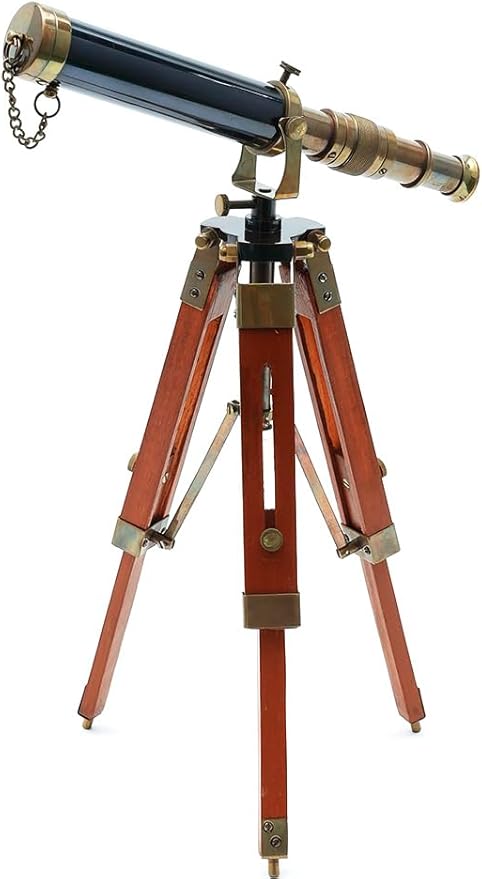 Vintage 9-Inch Brass Telescope with Wooden Stand – Antique Nautical Marine Decor & Functional Collectible Gift