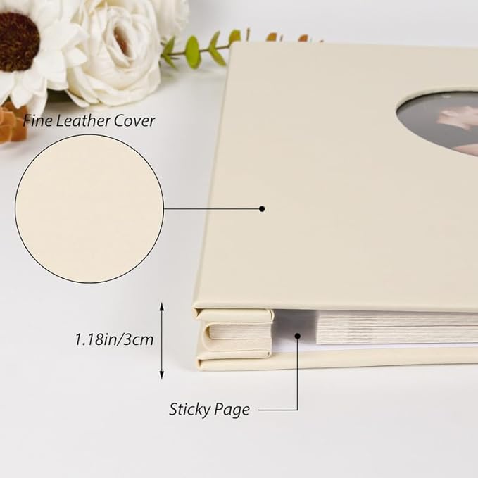 RECUTMS Photo Album Self Adhesive with Round Window 4x6 5x7 6x8 8x10 Magnetic Scrapbook with 40 Pages Leather Cover DIY Photo Album with Metallic Pen and Scraping Plate (Begie)