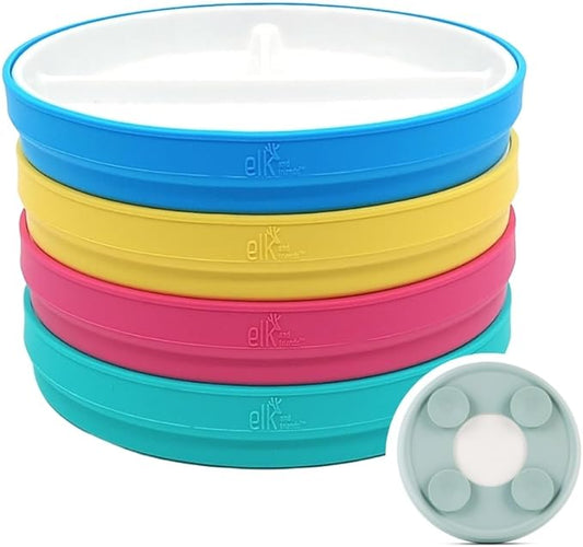 Elk and Friends Kids 7.8” Porcelain Divided Plates with Silicone Suction Sleeves | Suitable for Kids/Toddlers | Microwave & Dishwasher Safe | Non Slip | Snack Dishes | 4 Pack