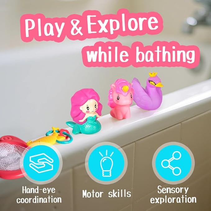 No Hole Bath Toys for Kids Ages 1-3, 8 Pcs Girl Bath Toys with Storage and Net, Sealed & Squeezable & Float on Water