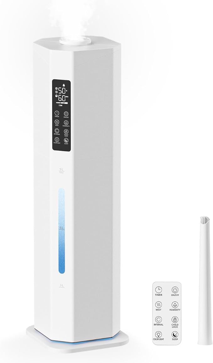 Humidifiers for Bedroom - GloryAir 2.38Gal/9L Top Fill Cool Mist Humidifier for Large Room 500ft² 120H Last with Auto Mode 7-Color Light Humidistat Aroma Box Quiet Humidifiers for Plants Baby & Adults