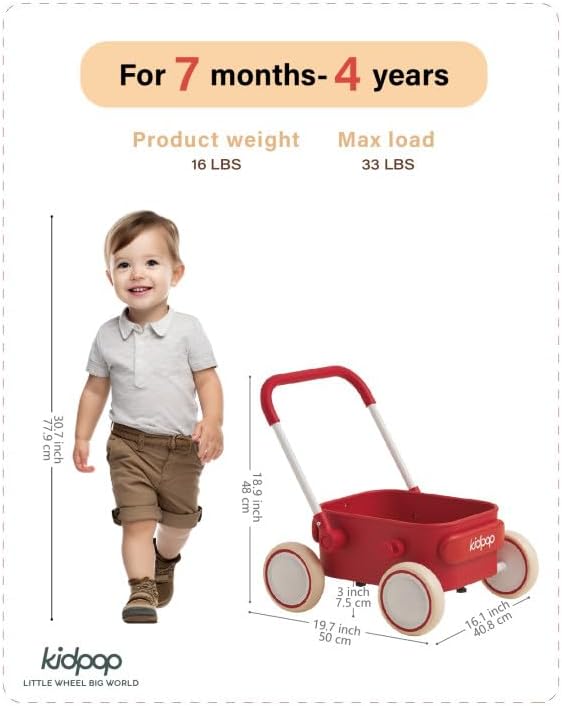 PULA Baby Push Walker with Wheels Toddler Wagon for First Learner Baby Toys 6-12 Months, 1 Year Old Birthday Gifts, Indoors and Outdoors (Red)