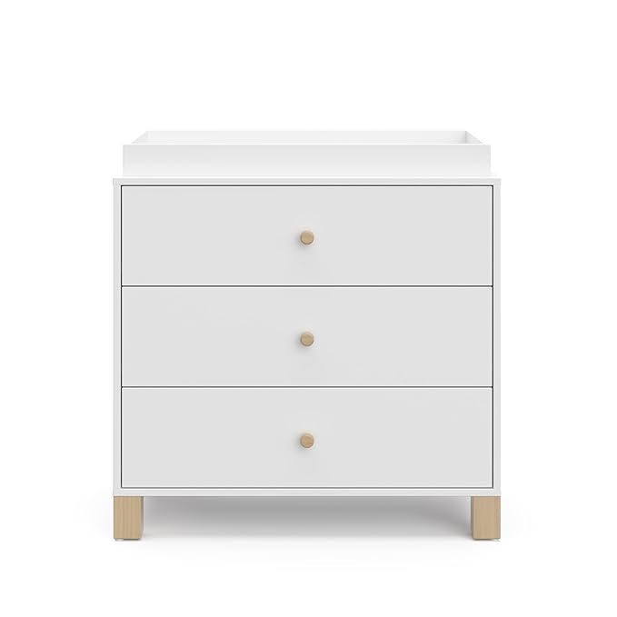 Storkcraft California 3-Drawer Chest with Removable Changing Topper (White with Driftwood) – GREENGUARD Gold Certified, Interlocking Drawer System, Pre-Installed Tracks, Easy Assembly
