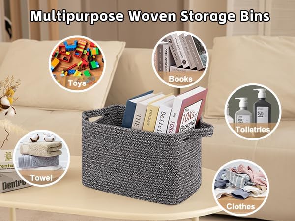 OIAHOMY Storage Basket, Woven Baskets for Storage, Cotton Rope Basket for toys,Towel Baskets for Bathroom - Pack of 3, Black