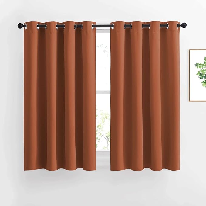 NICETOWN Kitchen Window Curtains Over Sink - Grommet Blackout Solid Vertical Small Curtains & Drapes Noise Reducing for Laundry, Burnt Orange, W52 x L45, 2 Panels