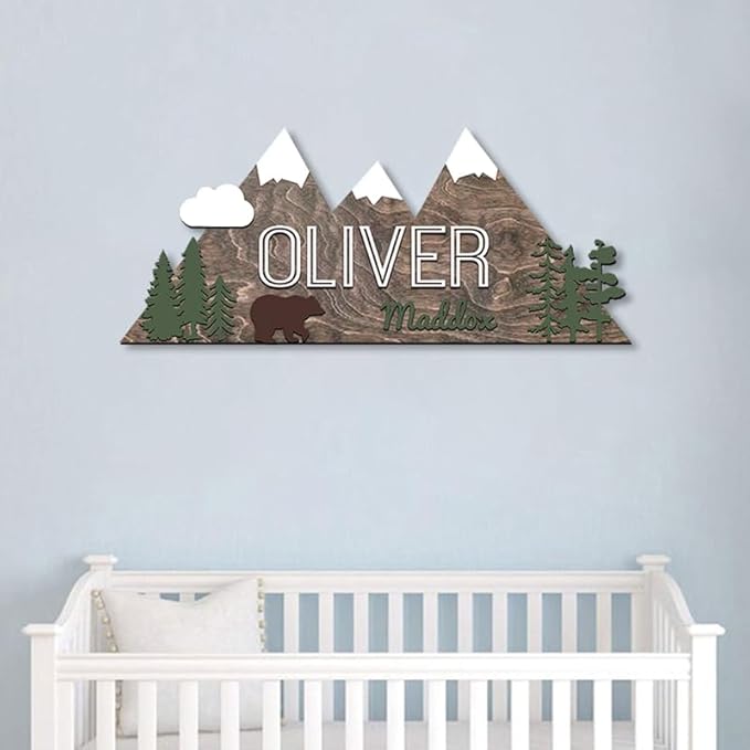 Personalized Name Sign, Mountain nursery decor, Layered Nursery baby name sign, Woodland nursery decor, Woodland theme nursery, Baby woodland nursery, Nursery name sign for boys gift/7