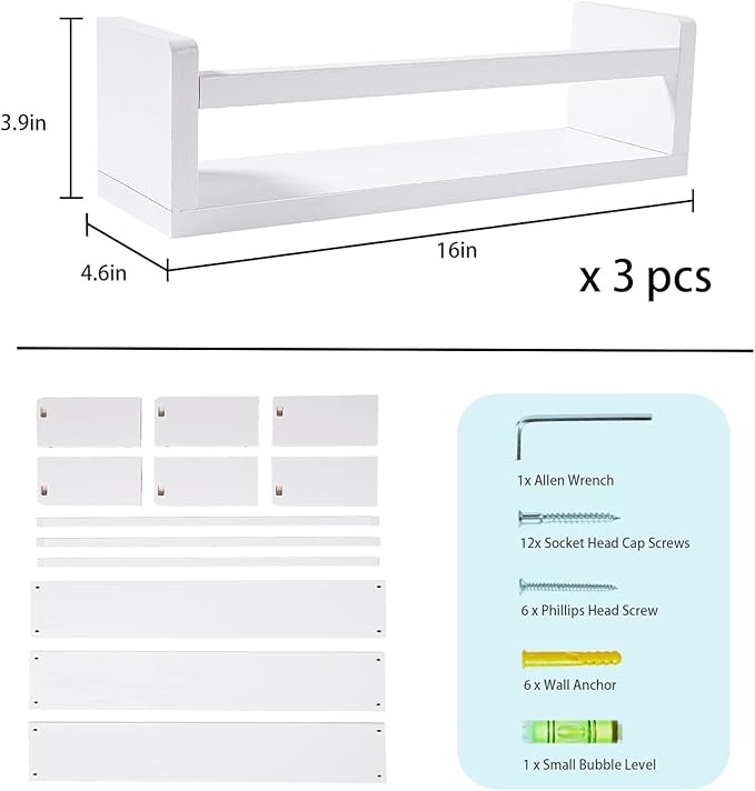 Nursery Floating Shelves for Kids Room, Set of 3 Wall Book Shelves for Kitchen Living Room, Book Shelf Wall Mounted for Baby Kids Bedoom Bathroom (White, 16inch Set 3)