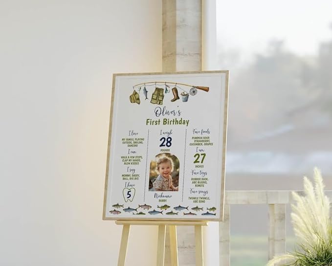 Generic Personalized Fishing Milestone Board, Big One 1St Birthday Milestone Poster, O-Fish-Ally Birthday Photo Milestone Sign, Design 016