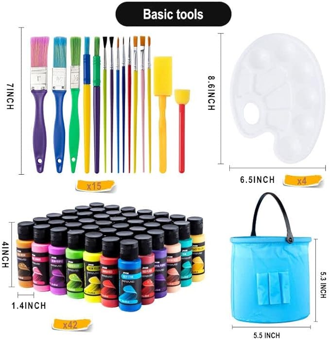 JOYIN Washable Tempera Paint Set for Kids 42PCS, Non Toxic Liquid Paint with 15 Brushes and 4 Palettes - Art Supply for Kids for Arts and Crafts Project, Finger Painting (2 oz Each)