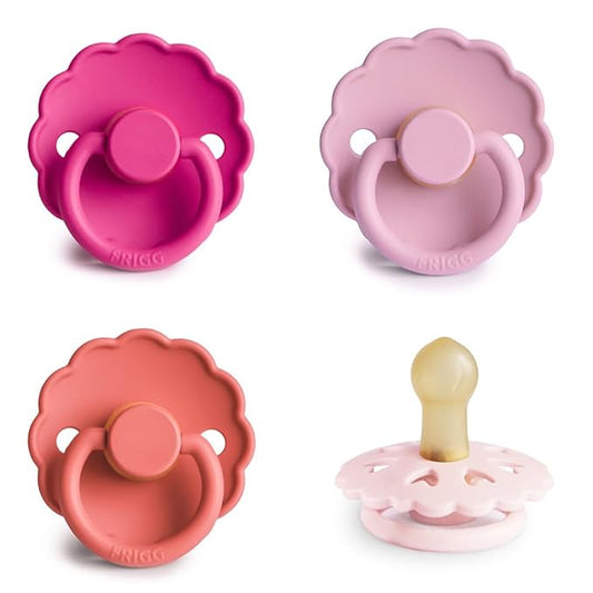 FRIGG Natural Rubber Baby Pacifier 4-Pack Rosy Romance | Made in Denmark | BPA-Free (0-6 Months)