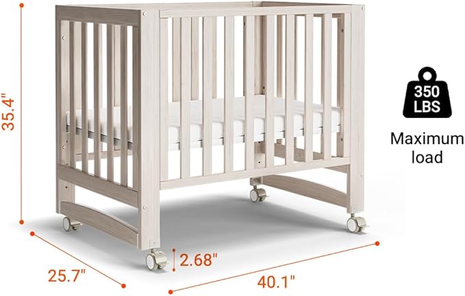 EvoNest Baby Crib, 6 in 1 Convertible Mini Crib with Wheels, 100% New Zealand Solid Wood Growing Bed, 4 Adjustable Mattress Height，Washed Natural