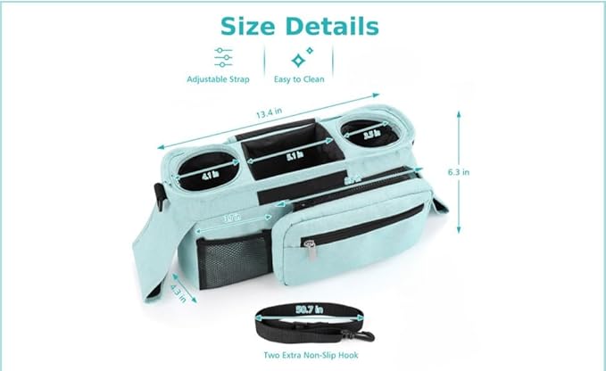 Universal Stroller Organizer with Insulated Cup Holder, Detachable Phone Bag, Shoulder Strap – Fits All Stroller Types, Keeps Drinks Hot/Cold (Blue)