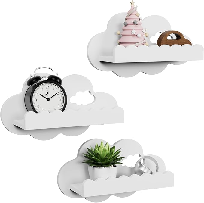 NACHES 3-Piece Floating Bookshelf - Scalloped White Cloud Wooden Wall Shelves, Kids Room/Nursery Decor for Books & Picture, Easy to Mount Display Shelves