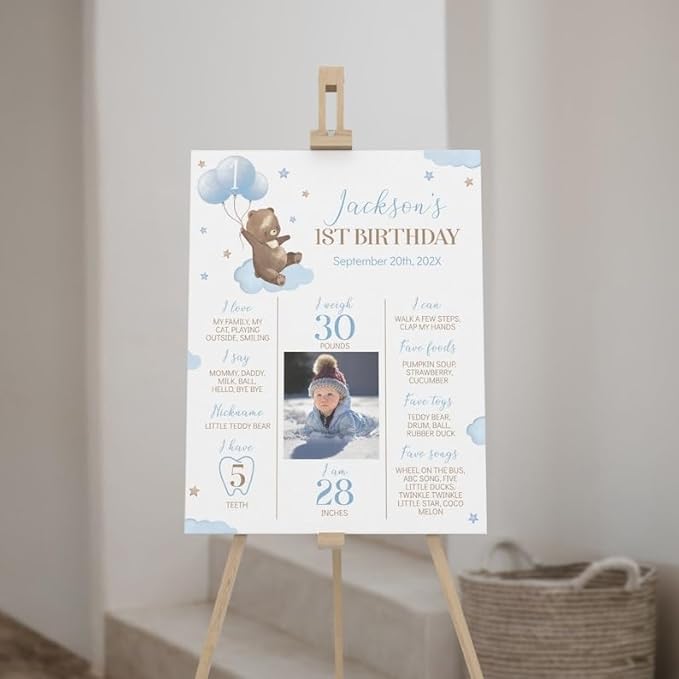 Generic Personalized Beary First Birthday Milestone Poster, Teddy Bear Photo Milestone Sign, Boho Brown Bear Party Stats Board, Design 07