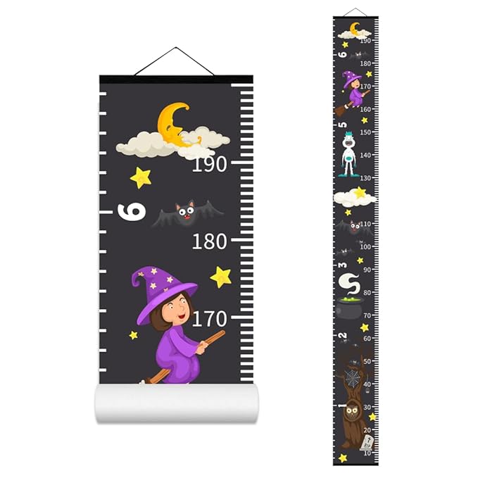 Baby Height Growth Chart - Canvas Height Chart for Kids Baby Child Toddler Boys Girls Growth Chart for Wall Room Nursery Decor Hangable and Removable Measuring Wall Ruler (Witch, Black Wood)