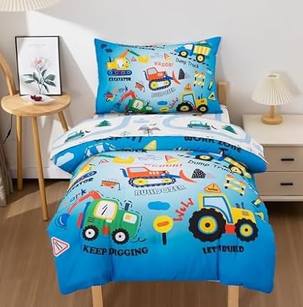 NTBED 4 Pieces Construction Truck Toddler Bedding Set for Baby Boys, Cartoon Vehicles Excavator Cars Printed, Includes Comforter, Flat Sheet, Fitted Sheet and Pillowcase,Sky Blue
