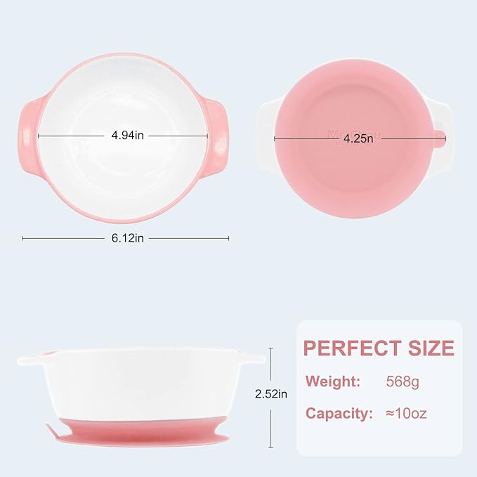 MR. CHOU Suction Baby Bowls with Leakproof Tempered Glass Lids for Babies & Toddlers, Ceramic First Stage Infant Feeding Supplies with Handles, 100% Food Grade Snack Cotainer for Kids, Pink