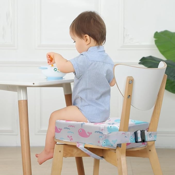 Toddler Booster Seat for Dining Table,4 Inches Washable Double Safer Straps Non-Slip Bottom Booster Seat Dining for Kids, Portable Travel High Density Sponge Detachable Increasing Cushion for Child.