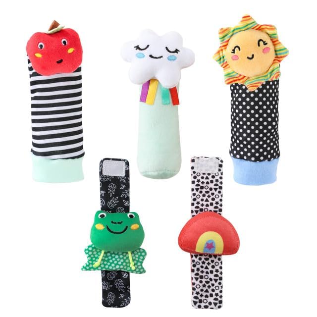 The Peanutshell Sock Rattles Set of 5 - Girl Boy Rattle Socks, Baby Toys 0-6-12 Month, Animal Newborn High Contrast Baby, Infant, Newborn Toys 0-3 0-6 Months Old Babies - Montessori