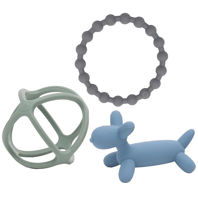 WeeSprout Silicone Baby Teether Toys for Infant Babies and Toddlers, Cute Ring, Puppy Dog, and Ball, Soft and Flexible, BPA Free, Boys and Girls (Matte Dark Gray, Blue & Green)