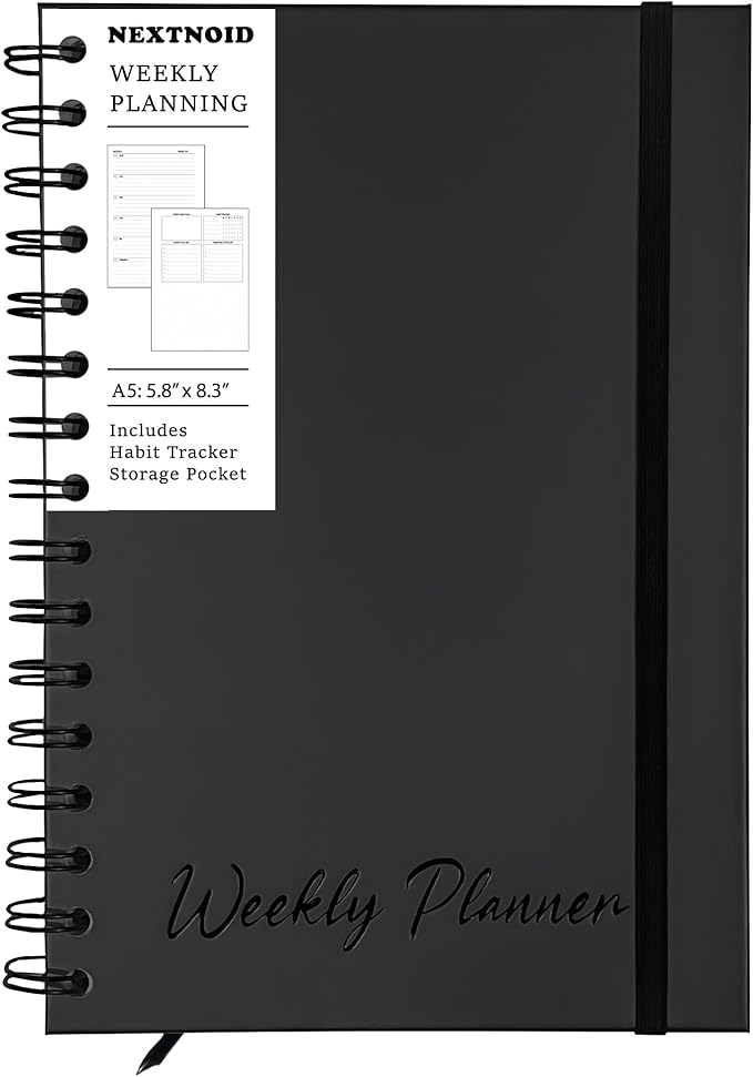 Undated Weekly Planner Notebook, A5 (5.8" x 8.3") Hardcover Weekly to do List Notebook for Work with Goal & Habit Tracker - Spiral Black