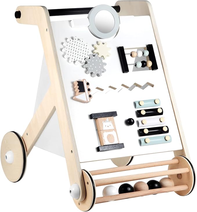 Beright Wooden Baby Walker with Roller, Push and Pull Learning Activity Walker, Multi-Functional Kids’ Activity Toy, Multiple Activities Center, Develops Motor Skills & Stimulates Creativity, Natural