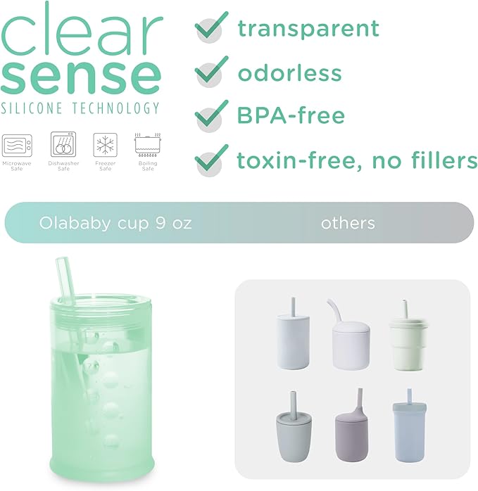 Olababy Clear View Silicone Training Cup with Straw Lid | Toddler Sippy Trainer 12mo+ | Unbreakable Water Drinking Cups for Kids 2yr+ | Baby Led Weaning & Feeding Supplies (Mint, 9 oz)