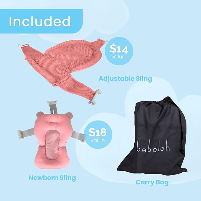 BEBELEH™ Collapsible Baby Bathtub – Bathtub + Baby tub Sling + Newborn Sling – Baby Bathtub Newborn to Toddler 0-24 Months – The Ultimate Travel Baby Bath Tub and Everyday Use! (Pink)