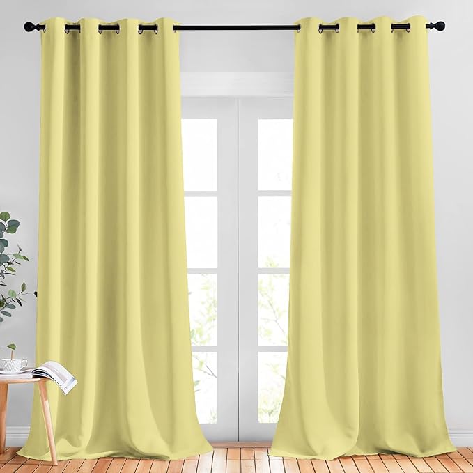 NICETOWN Room Darkening 90 inch Curtains for Bedroom, Room Darkening Energy Saving Thermal Insulated Grommet Window Treatments for Living Room, Paler Yellow, W52 x L90, 2 Panels