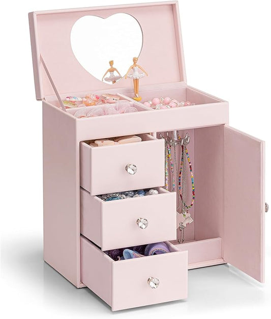 Vlando Musical Jewelry Box with Spinning Ballerina, Girls’ Jewelry Organizer for Necklaces Rings and Hair Accessories, Gift for Girls and Kids, Barely Pink