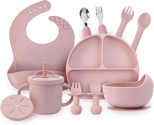 Baby Feeding Set, 13PCS Silicone Baby Self Feeding Set, Toddler Led Weaning Utensils Set with Suction Bowl and Plate, 3 Set of Baby Spoon and Fork, Adjustable Bid, Sippy Cup with Straw and 2 Lids