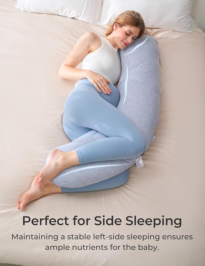 Momcozy Pregnancy Pillows for Side Sleeping, J Shaped Maternity Body Pillow for Pregnancy, Soft Pregnancy Pillow with Jersey Cover for Head Neck Belly Support, Grey