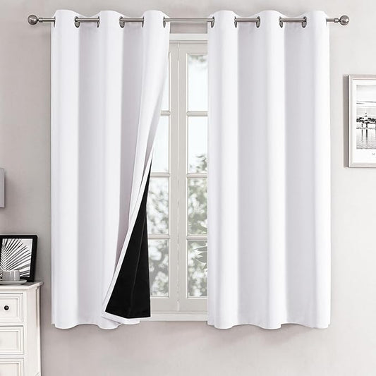 ChrisDowa White 100% Blackout Curtains for Bedroom with Black Liner, 2 Thick Layers Total Blackout Thermal Insulated Grommet Small Window Curtains 2 Panels Set (Pure White, 42 x 54 Inch)
