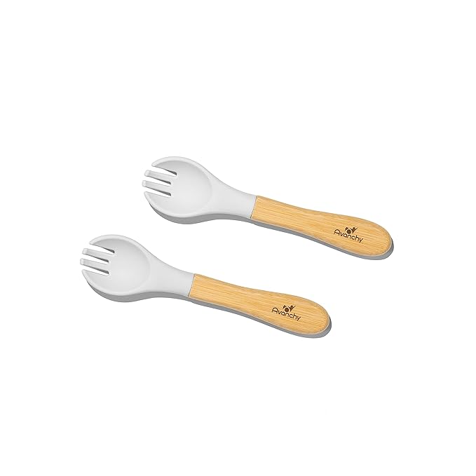 Avanchy Baby Fork Set, Bamboo and Silicone Spork Utensils, Toddler Baby Led Weaning Silverware Cutlery Flatware, Kids First Self Feeding