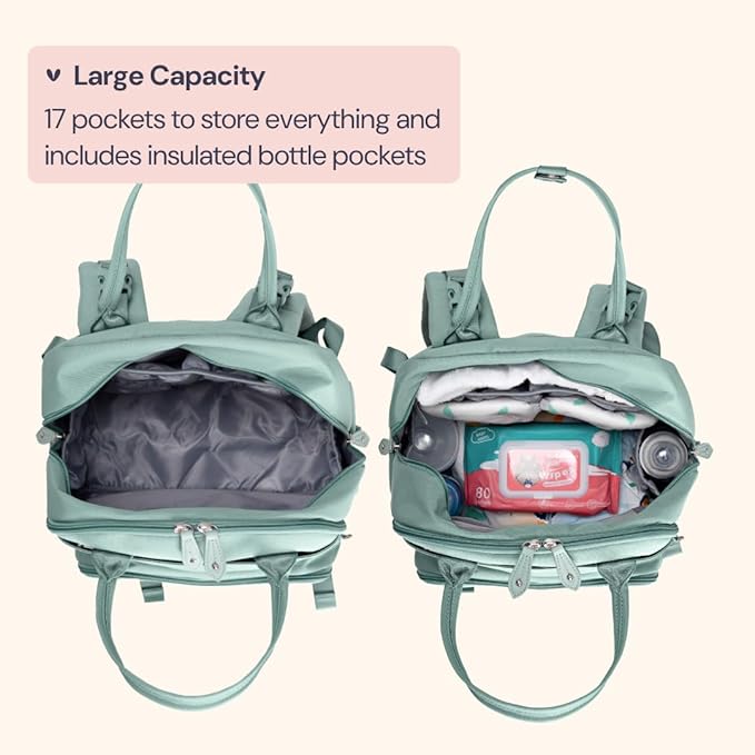 BabbleRoo Diaper Bag Backpack - Baby Essentials Travel Bag - Multi Function Waterproof Diaper Bag, Travel Essentials Baby Bag with Changing Pad, Stroller Straps & Pacifier Case – Unisex, Sage Green