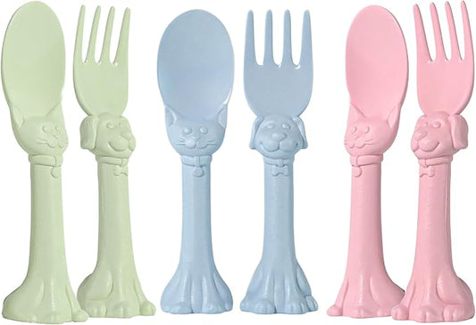 Made in USA Spoon la la Toddler Utensils Set - 6 Pack (3 Spoons & 3 Forks for Kids) - Self-Standing 3D Ergonomic Cat & Dog Handles - BPA-free, Dishwasher Safe, Baby Silverware (Blue, Pink, Mint)