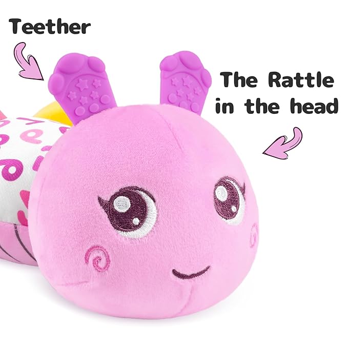 Infant Baby Musical Stuffed Animal Activity Soft Toys with Multi-Sensory Crinkle, Rattle and Textures for 0-3-6-12 Months Developmental Toys, Caterpillar, Purple